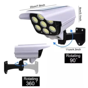 Lámpara solar de seguridad falsa con cámara giratoria 360° y sensor de movimiento.