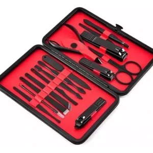 Kit de manicura y cuidado facial en estuche negro con herramientas rojas y negras.