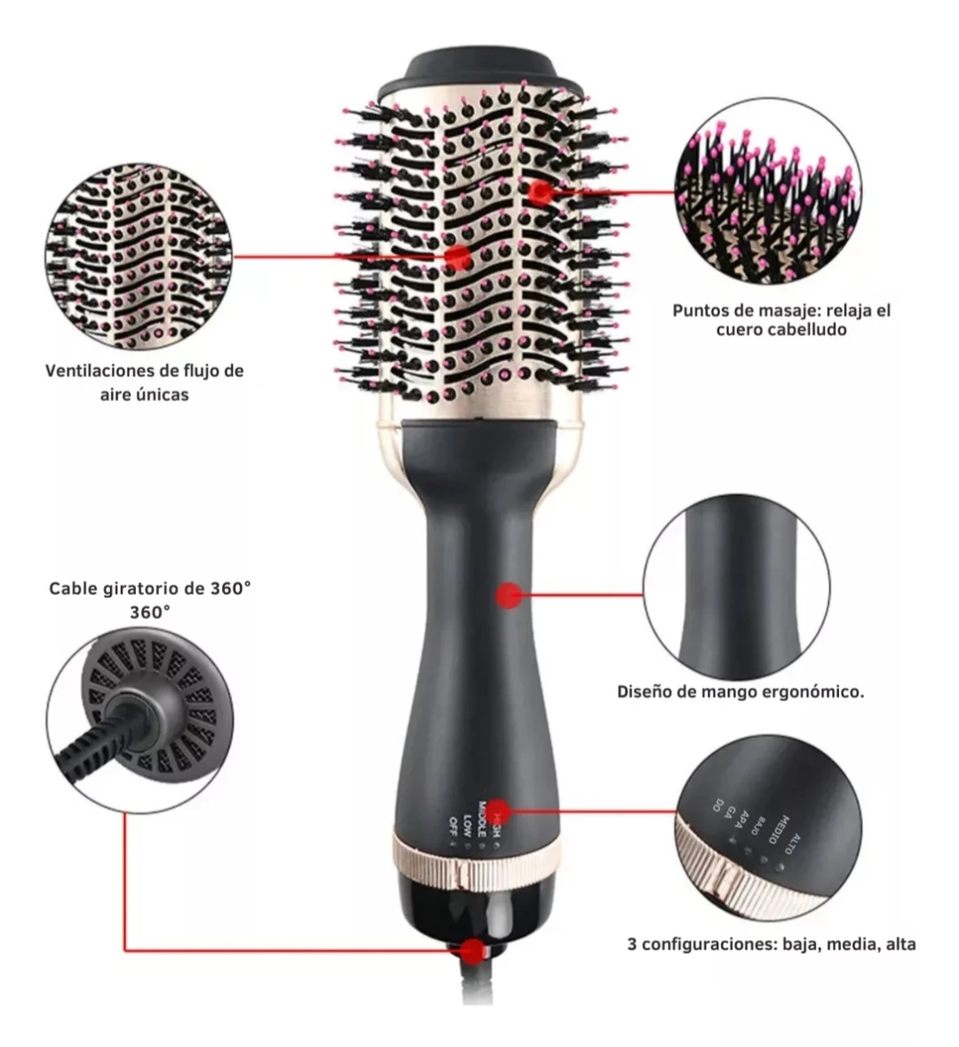 Cepillo secador Keratina con aire caliente, diseño ergonómico, cable giratorio y múltiples configuraciones.