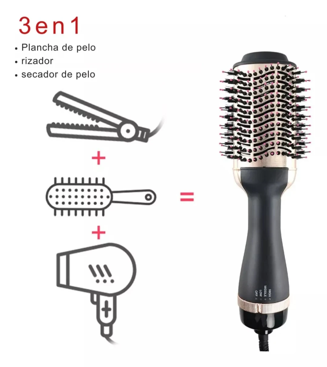 Cepillo secador 3 en 1: Plancha, rizador y secador de pelo.