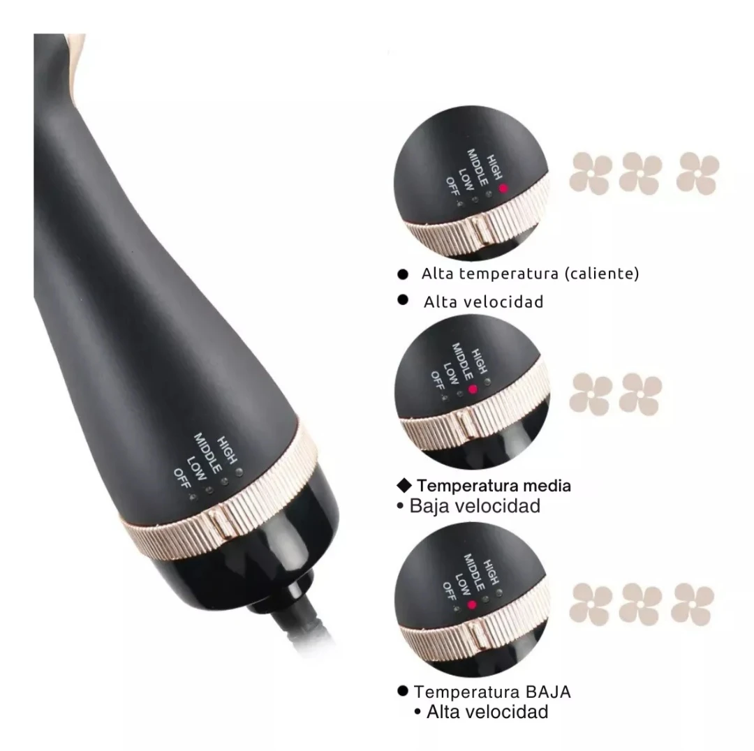 Cepillo secador de keratina con controles de temperatura y velocidad ajustables.