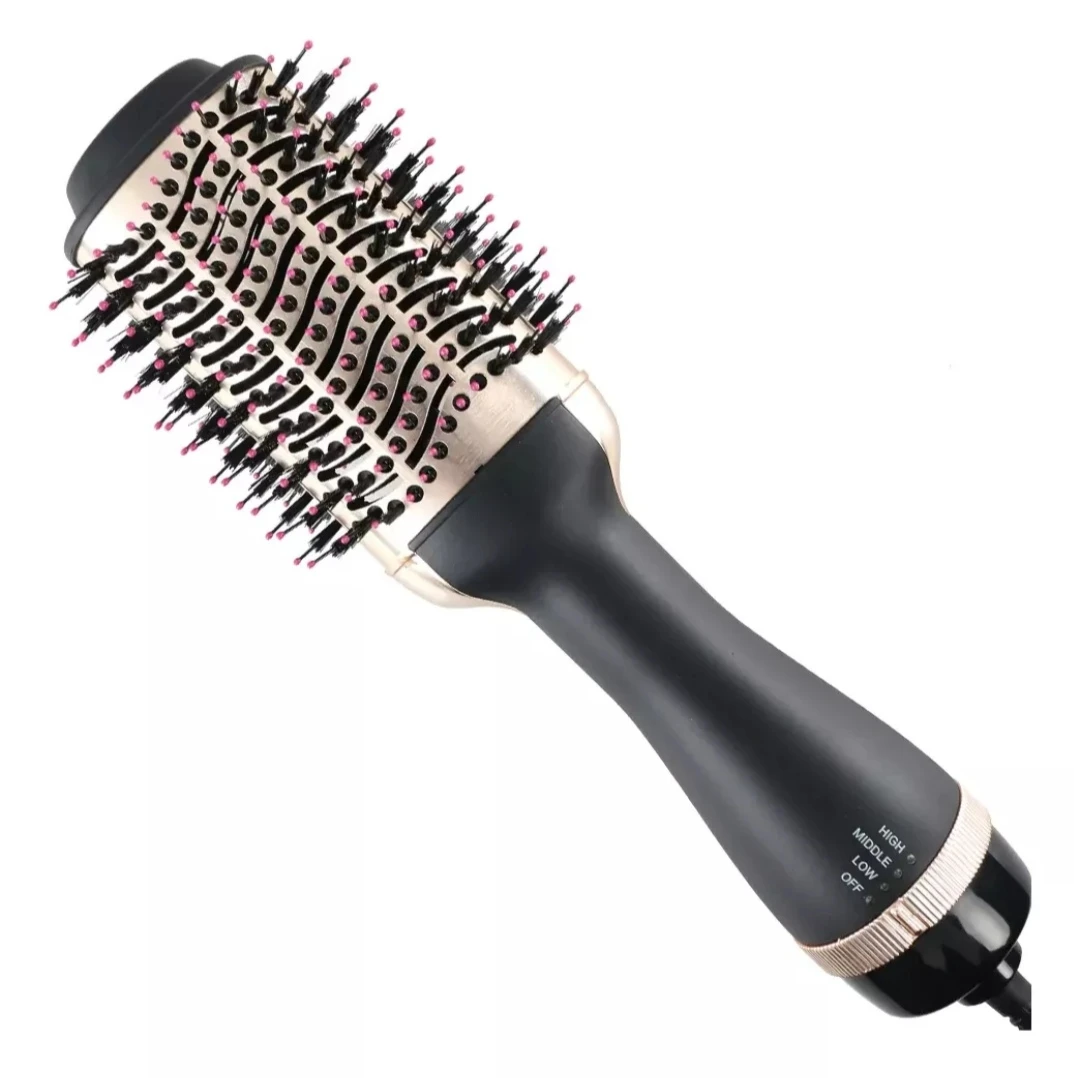 Cepillo secador de keratina con cerdas negras y rosas, mango negro y selector de temperatura.