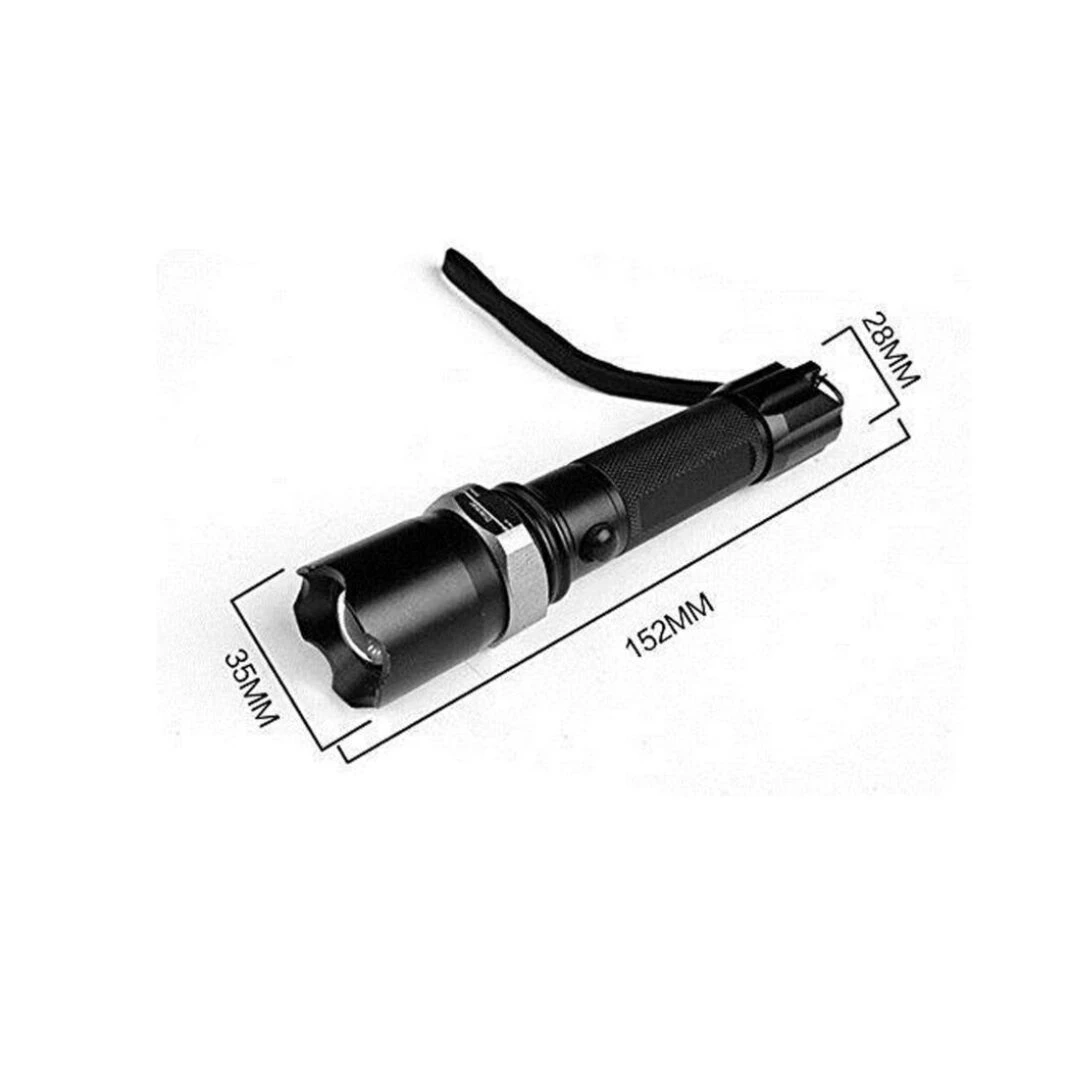 Linterna de seguridad negra con cargador incluido, 152mm de largo y 35mm de diámetro.