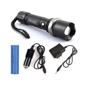 Linterna LED táctica negra con cargador de pared, cargador de coche y batería 18650.