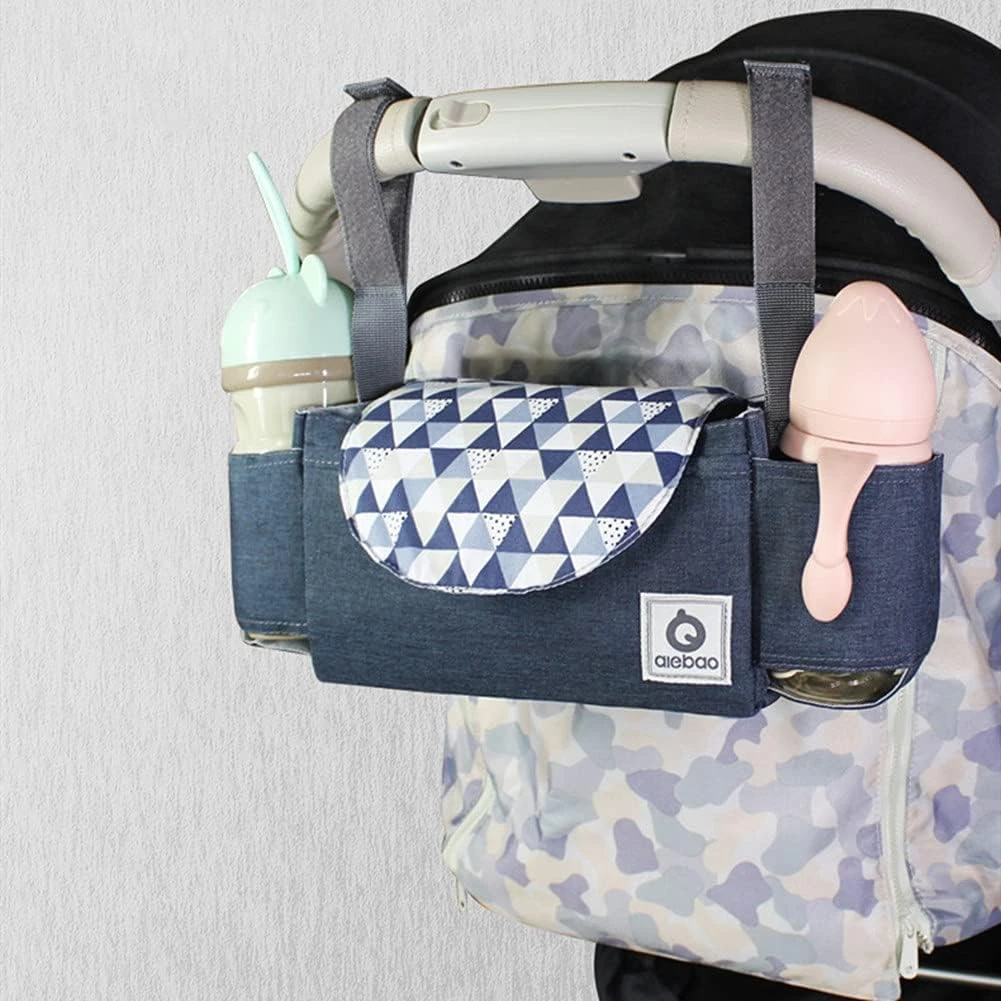 Bolso organizador para coche de bebé, azul, con portavasos, ideal para padres modernos.