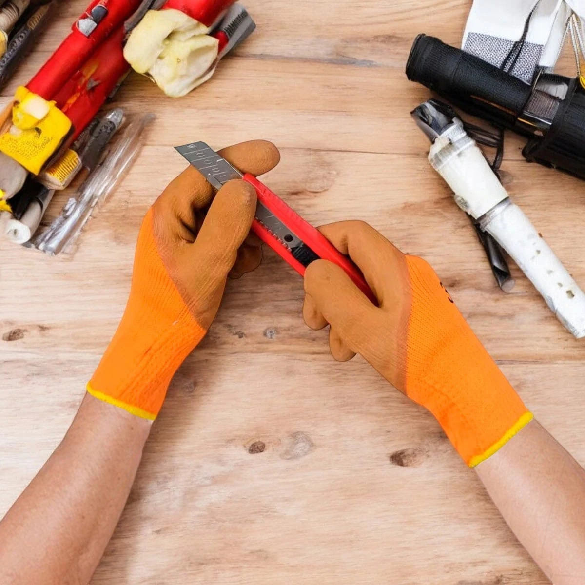 Guantes naranjaGp-300 para trabajo pesado, protegiendo manos al usar cúter.