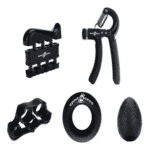 Kit de fortalecimiento de agarre: ejercitadores de mano, anillos y pelota terapéutica.