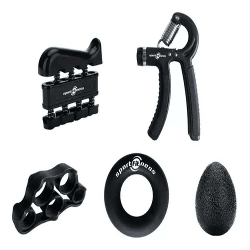 Kit de fortalecimiento de agarre: ejercitadores de mano, anillos y pelota terapéutica.