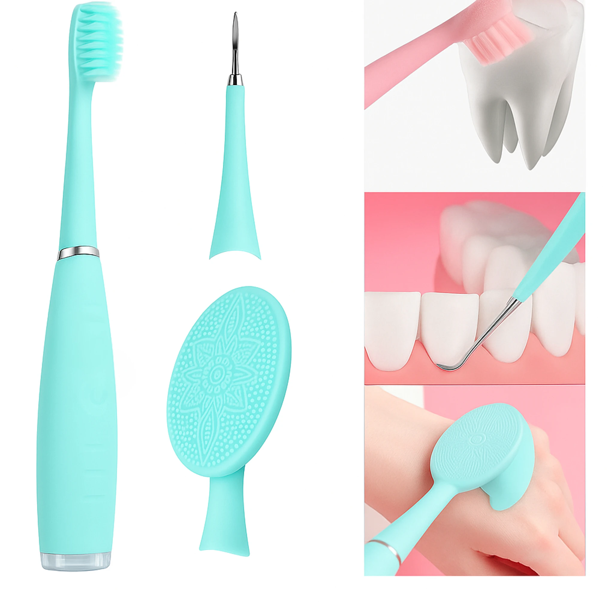 Cepillo eléctrico 3 en 1: limpia dientes, lengua y masajea rostro.