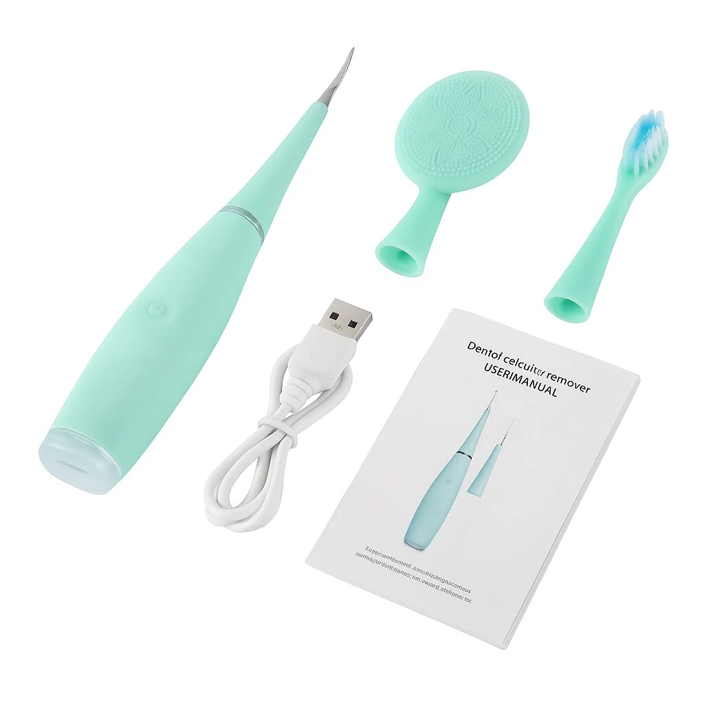 Cepillo eléctrico 3 en 1 para remover sarro dental, con cabeza limpiadora y manual.