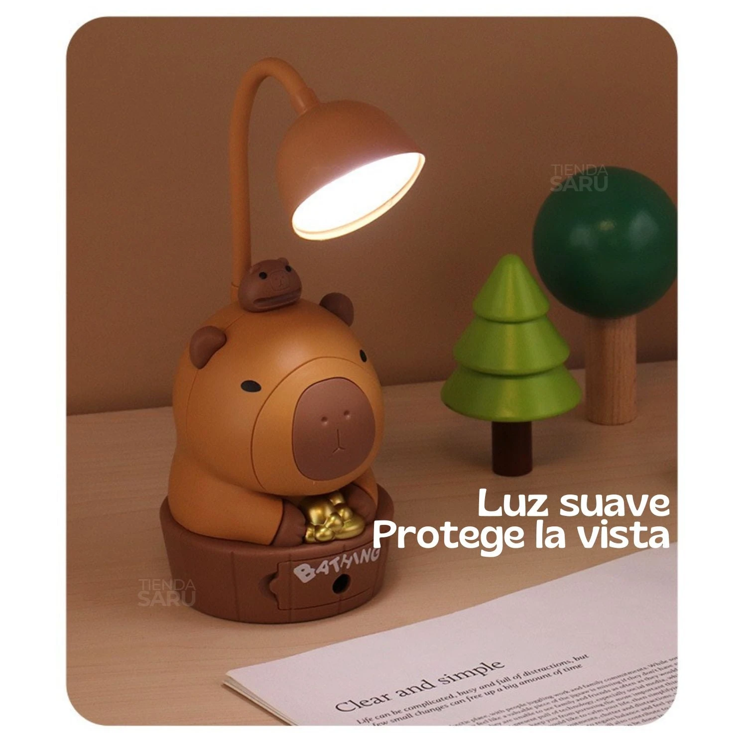 Lámpara capibara con luz suave para proteger tu vista, ideal para estudio y lectura.