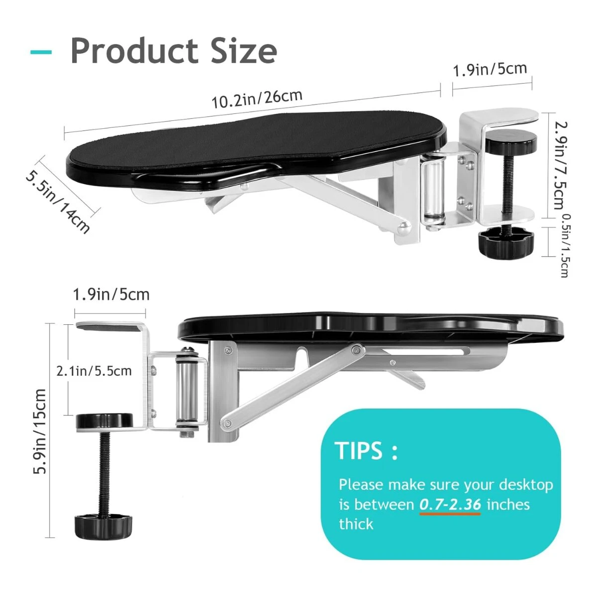 Reposabrazos ergonómico ajustable para escritorio, medidas y detalles de montaje.