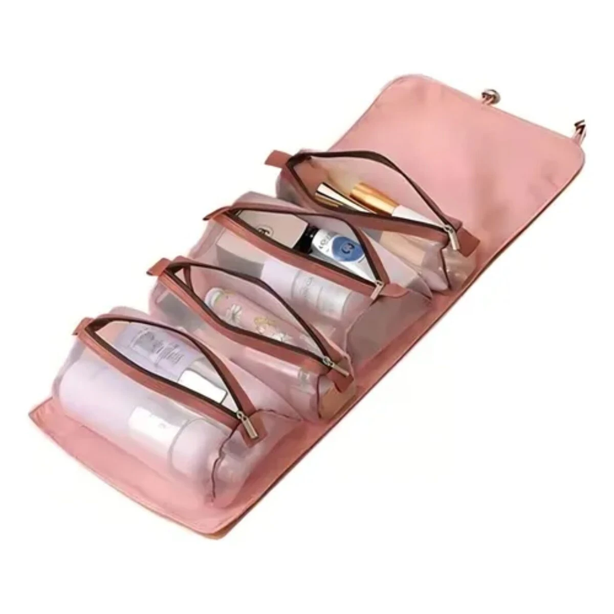 Cosmetiquera viajera desenrrollable rosa con cuatro compartimentos transparentes y productos de belleza.