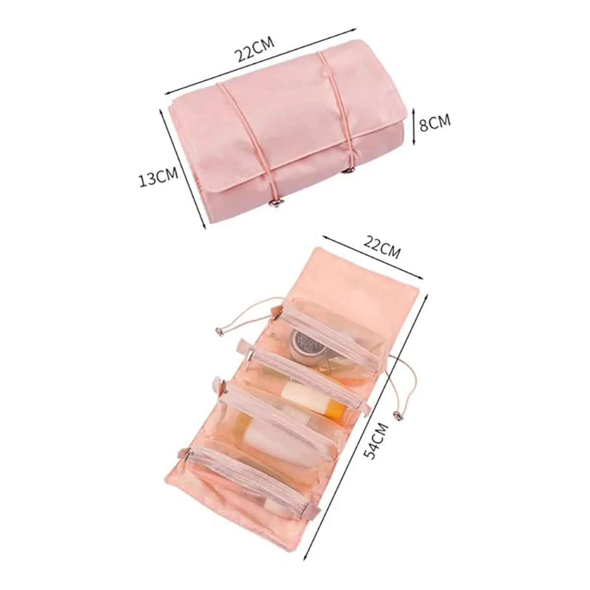 Cosmetiquera viajera desenrrollable, organizador de maquillaje con compartimentos transparentes.