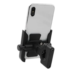Soporte para celular de moto o bicicleta, ajustable al espejo, con vista frontal de teléfono.