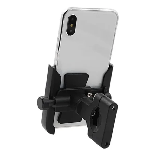 Soporte para celular de moto o bicicleta, ajustable al espejo, con vista frontal de teléfono.