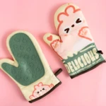 Guantes para hornear de silicona 21H013 con diseño de conejo tierno y patrón antideslizante floral.