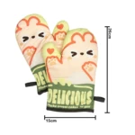 Guantes de silicona para hornear con diseño de osito kawaii y texto "DELICIOUS".