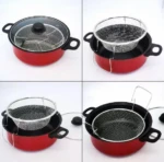 Olla 3 en 1 para freír y cocinar al vapor, roja y negra, con cesta y tapa de vidrio.