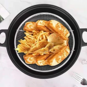 Olla vapor y freidora 3 en 1 con pollo frito, papas y pan.