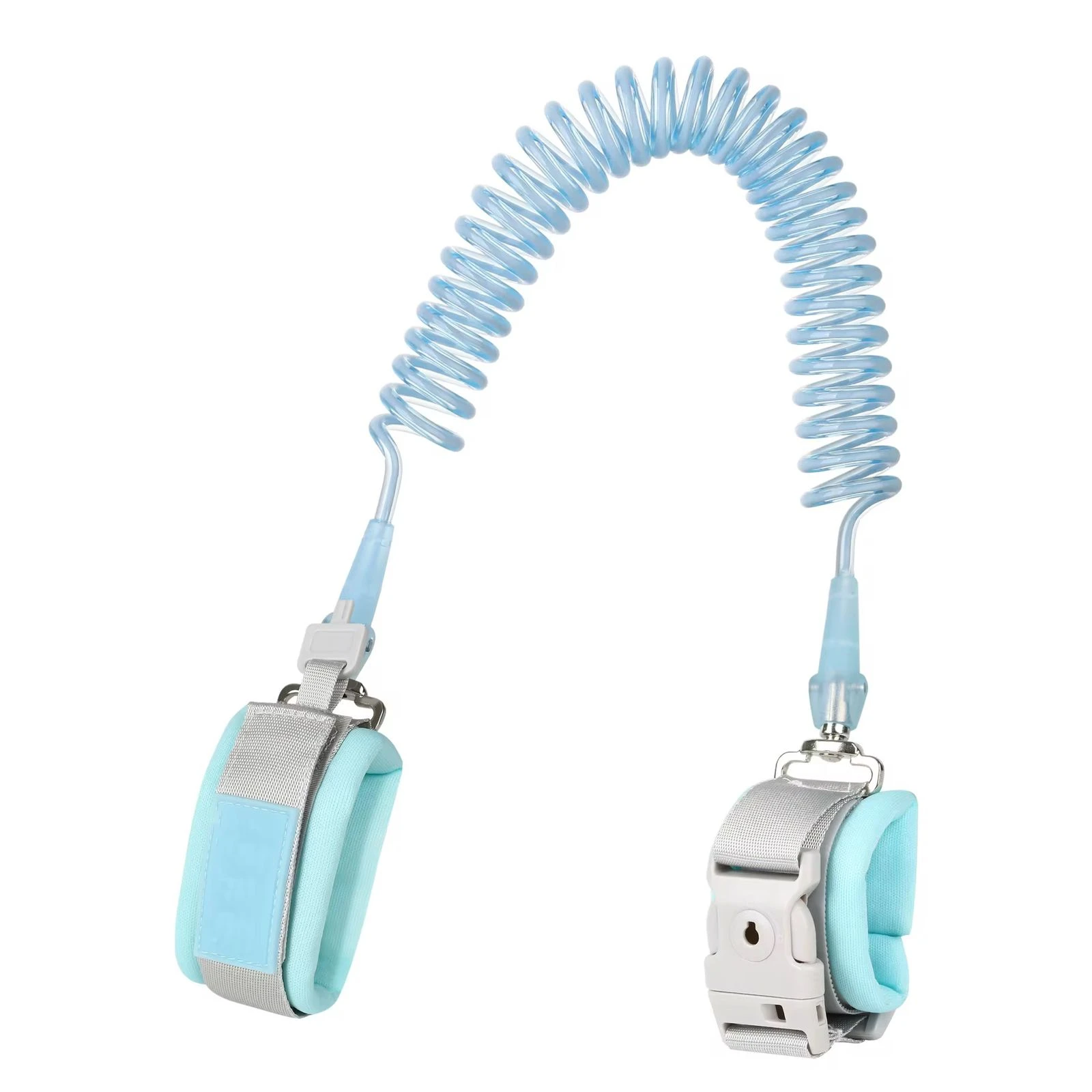 Arnés de muñequera anti pérdida azul con cable en espiral para seguridad infantil.