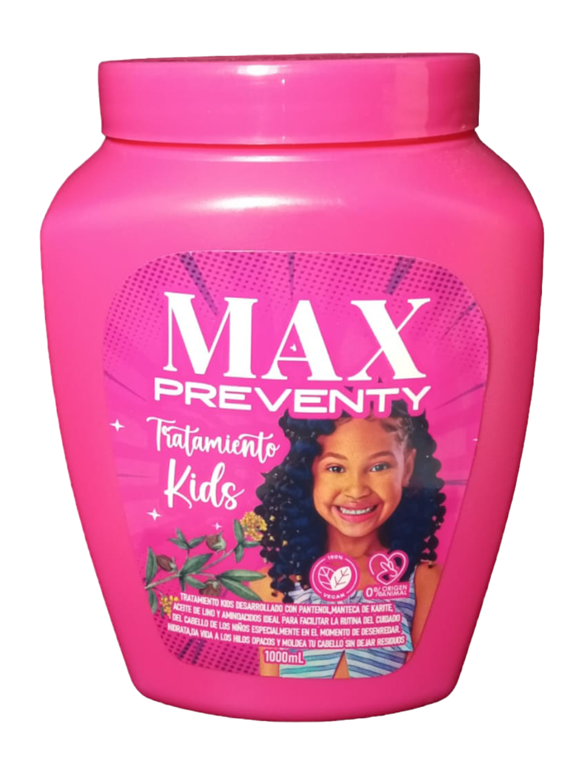 Bote rosa Tratamiento Capilar Max Preventy para niños con niña sonriente.