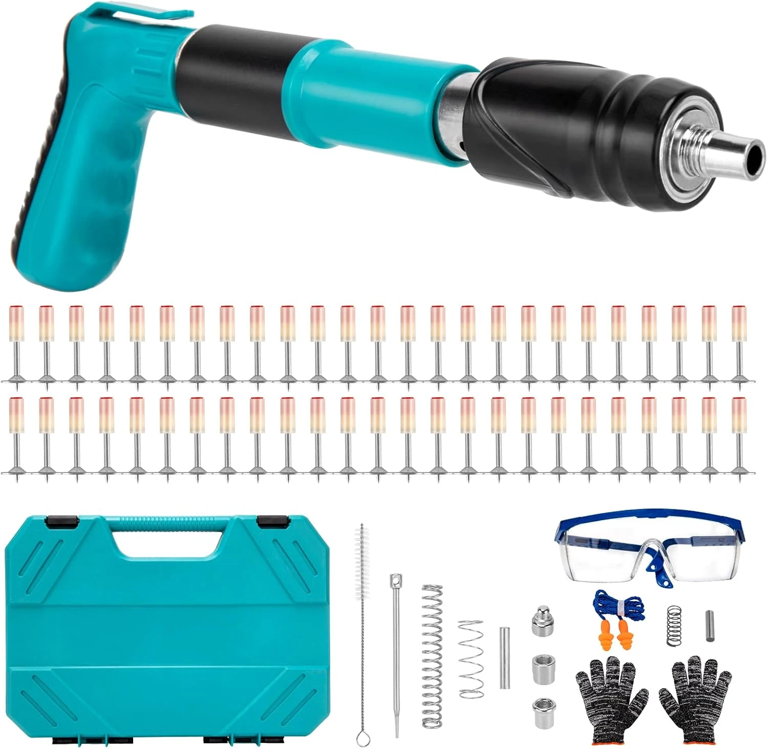 Kit pistola fulminante fijación con 100 clavos, estuche, gafas y guantes.