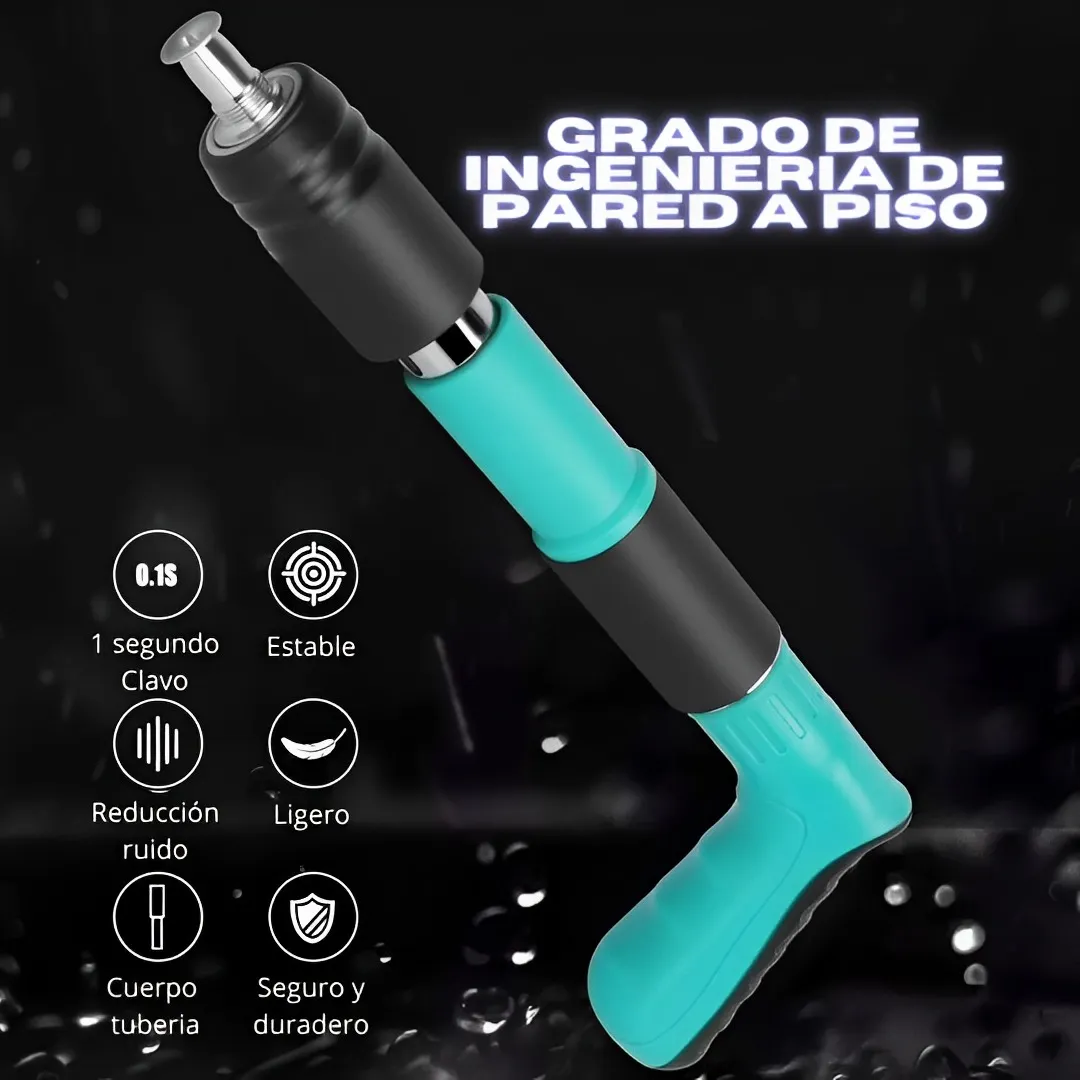 Pistola fulminante de fijación para pared a piso, 100 clavos, rápida y segura.