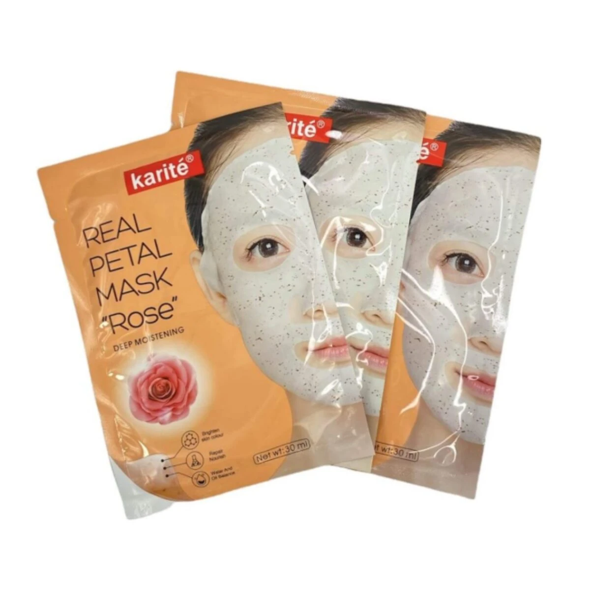 Mascarilla Karité Velo Pétalos de Rosa para hidratación profunda, vista frontal.