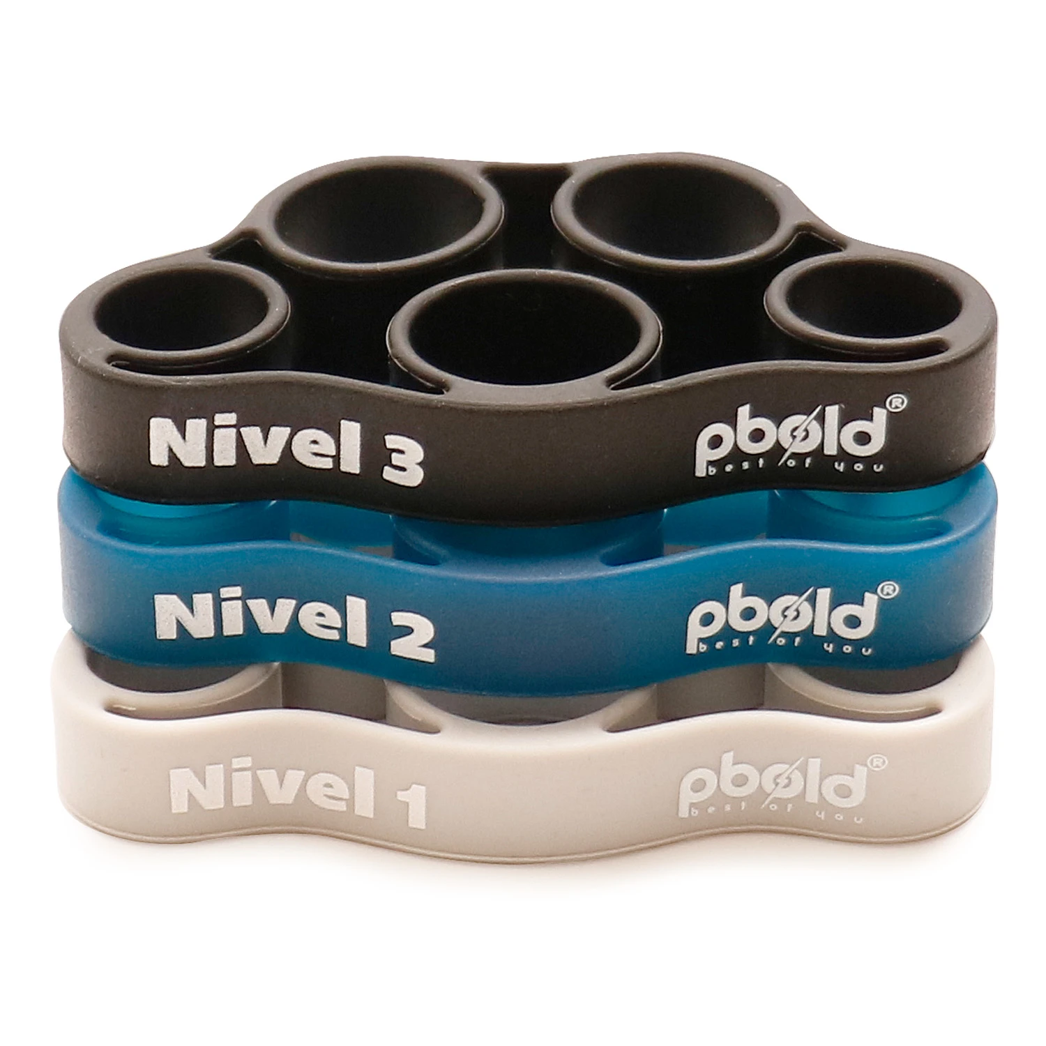 Kit X3 Bandas Elásticas Dedos V2 Pbold: Niveles 1, 2 y 3 en apilamiento.