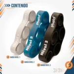 Kit X3 bandas elásticas dedos Pbold: gris (nivel 1), azul (nivel 2), negro (nivel 3) para entrenamiento.