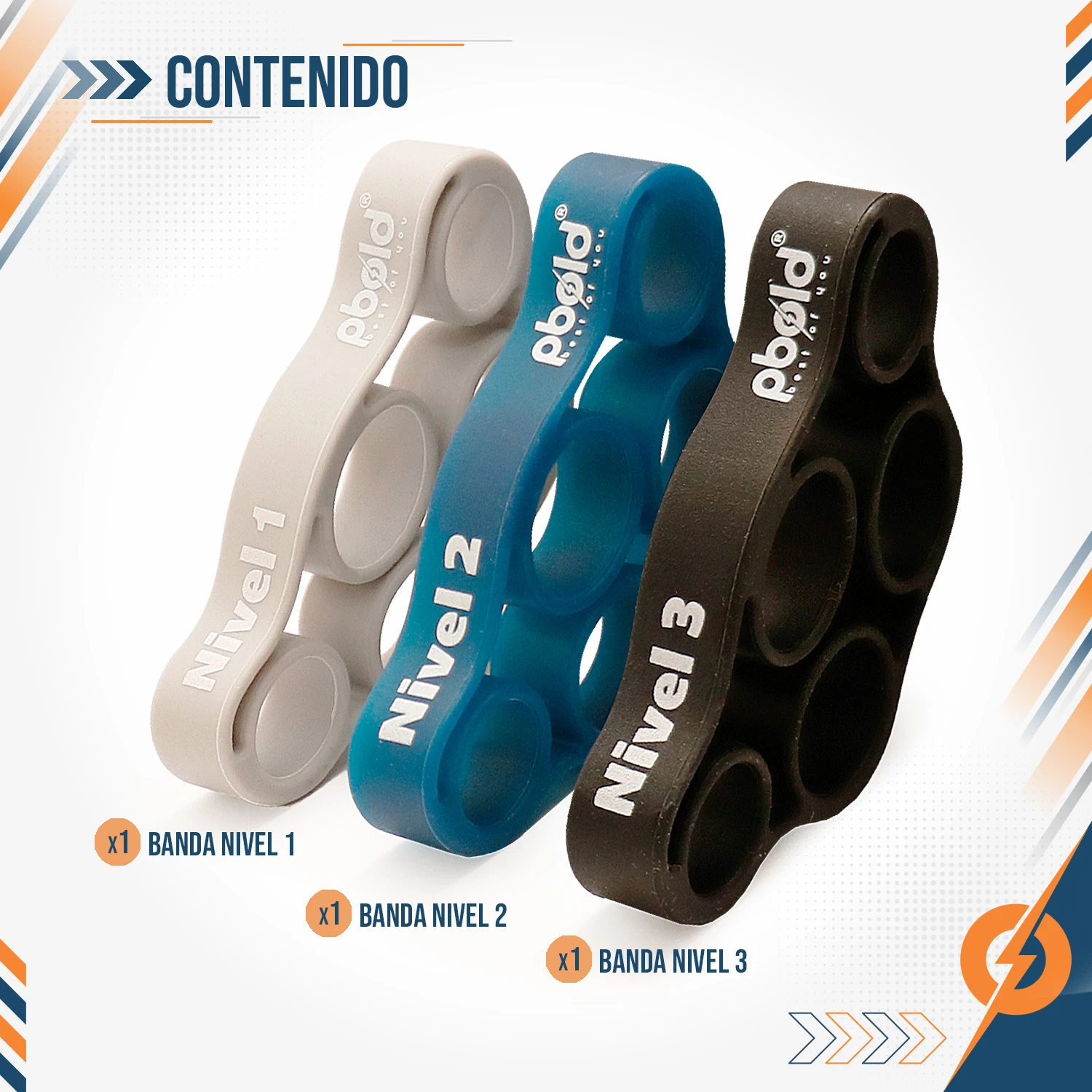 Kit X3 bandas elásticas dedos Pbold: gris (nivel 1), azul (nivel 2), negro (nivel 3) para entrenamiento.