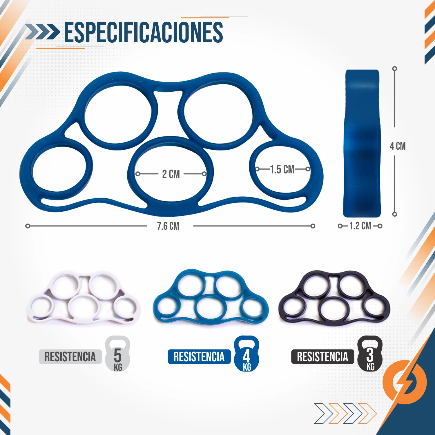 Kit X3 Bandas Elásticas Dedos V2 Pbold: bandas azules, blancas, negras con resistencias 3, 4, 5 kg.