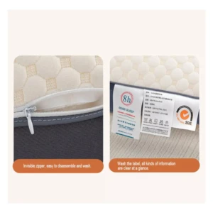 Almohada cervical 3D con cremallera invisible y etiqueta de lavandería clara.