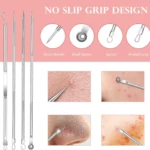 Kit extractor de espinillas con 8 herramientas de acero inoxidable y diseño antideslizante.
