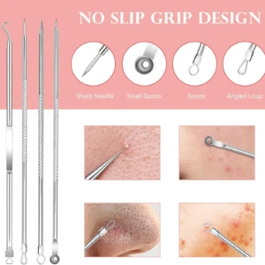 Kit extractor de espinillas con 8 herramientas de acero inoxidable y diseño antideslizante.