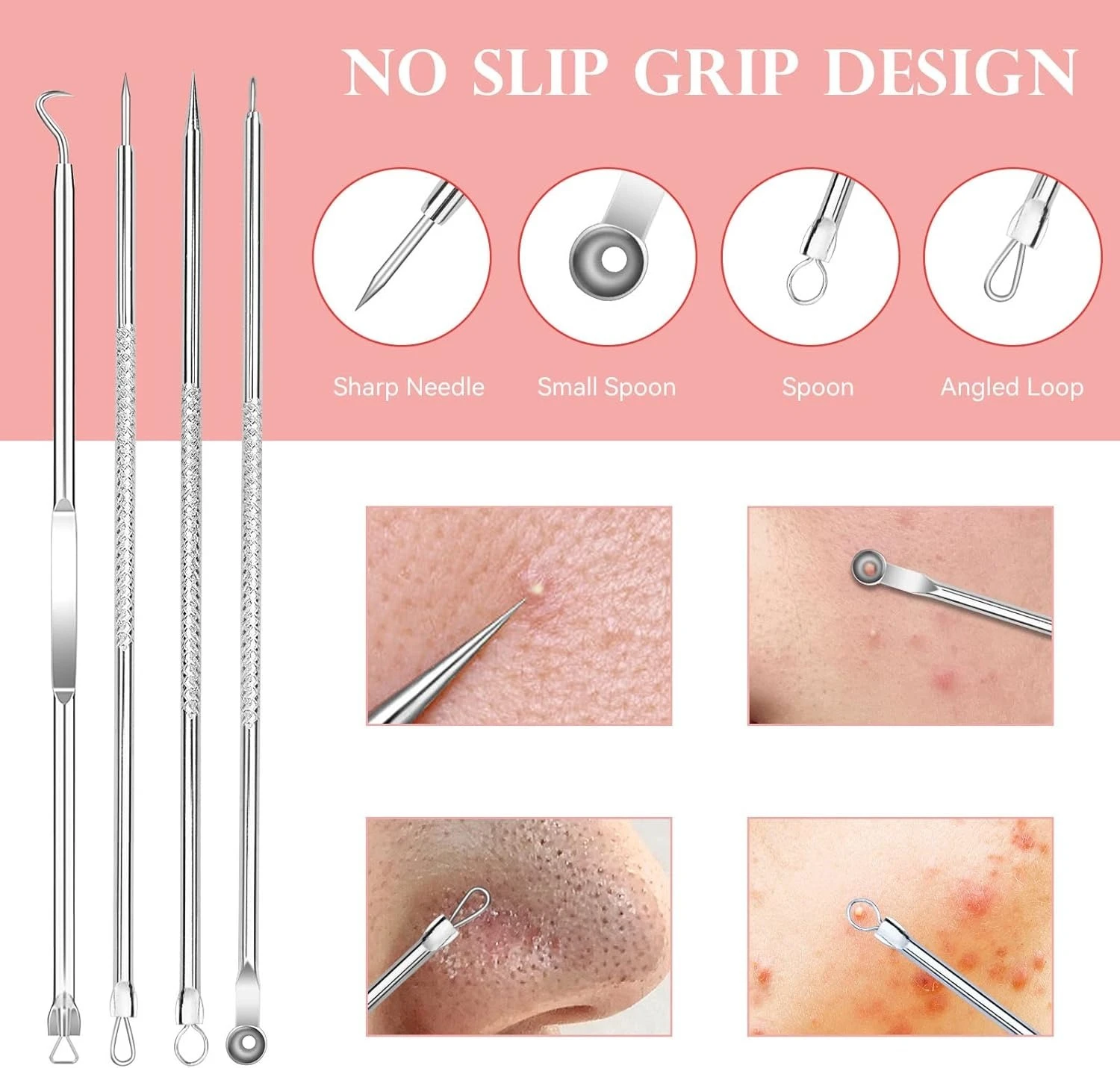 Kit extractor de espinillas con 8 herramientas de acero inoxidable y diseño antideslizante.