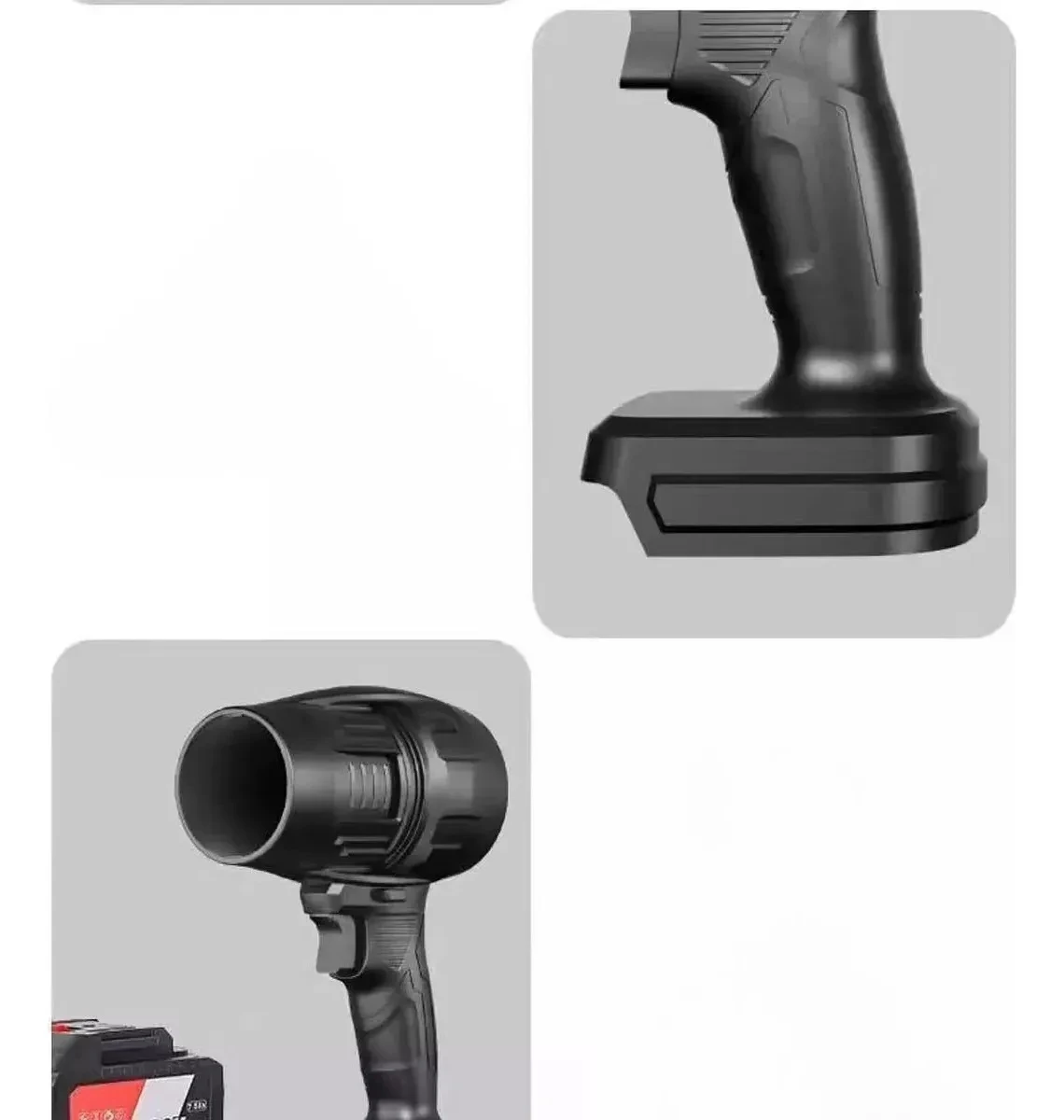 Soplador profesional doble batería 48V, vista de mango y boquilla en primer plano.