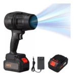 Soplador profesional 48V con doble batería y cargador, haz de luz potente.