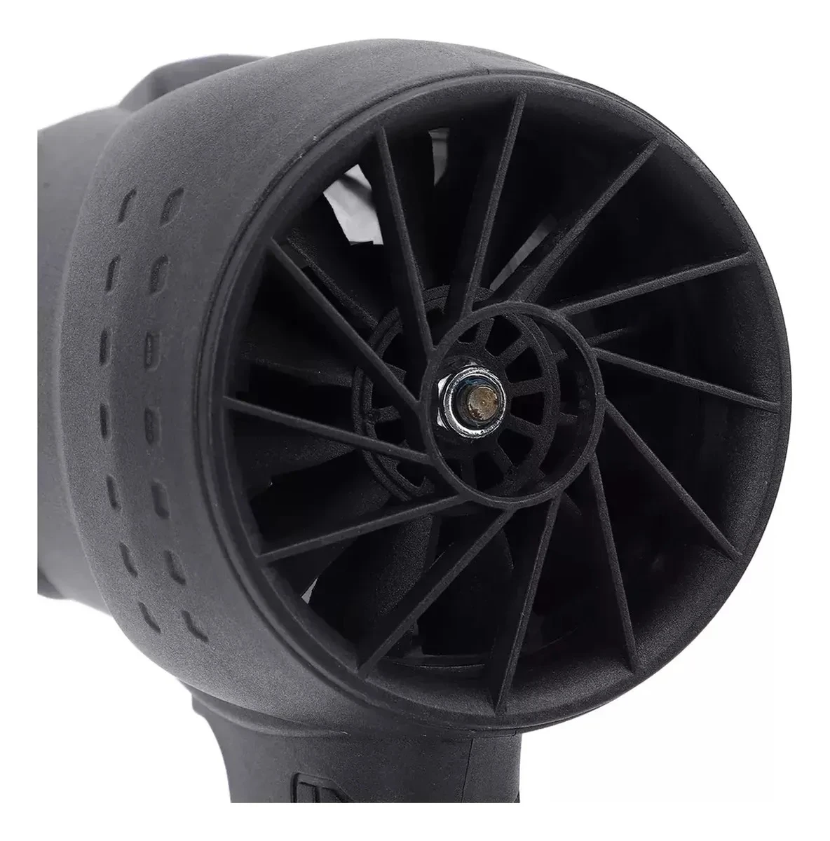 Soplador profesional 48V con ventilador negro de múltiples aspas y detalles texturizados.