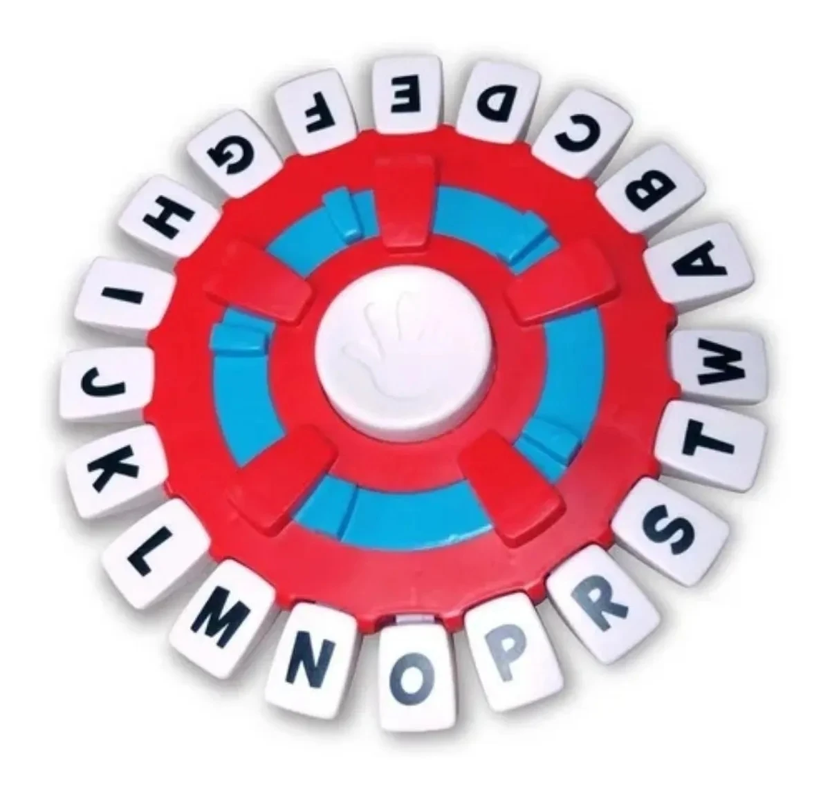 Juego de mesa Basta Interactivo Palabras con rueda de letras rojas y azules.