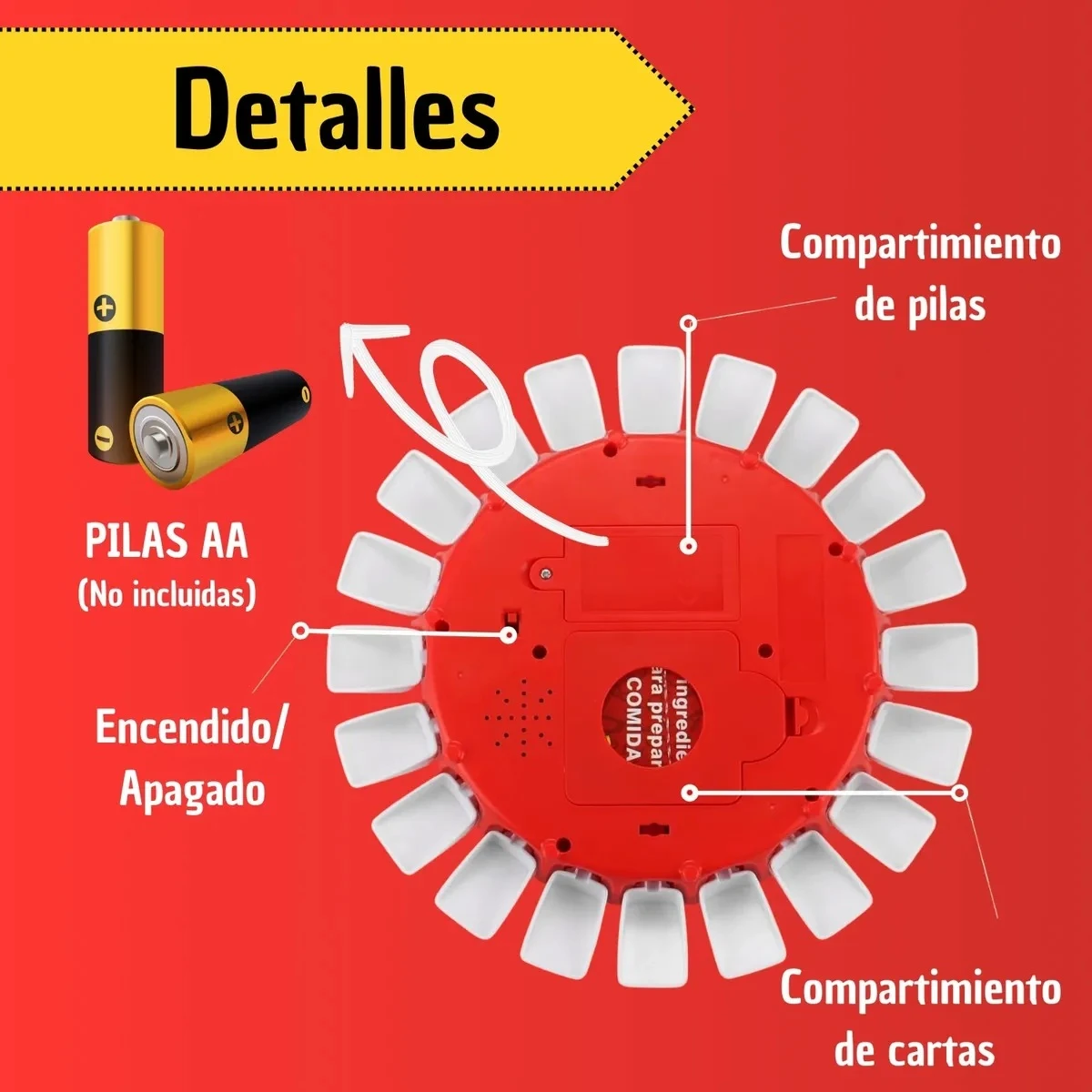 Detalles de Juego de Mesa Basta Interactivo: pilas AA, compartimento para cartas.