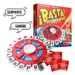 Juego de mesa Basta interactivo, con tablero circular de letras, cartas y dos globos de diálogo.