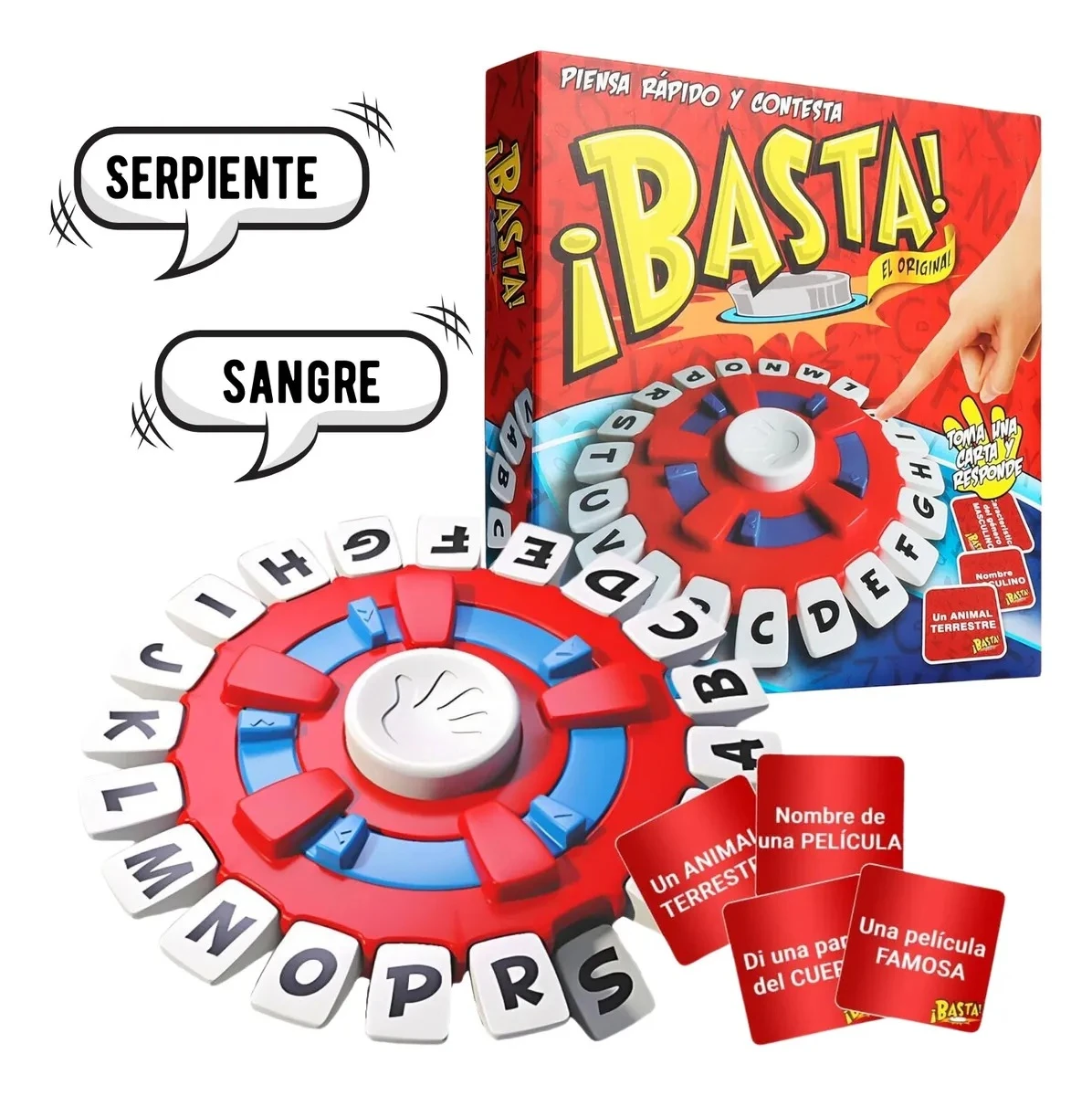 Juego de mesa Basta interactivo, con tablero circular de letras, cartas y dos globos de diálogo.