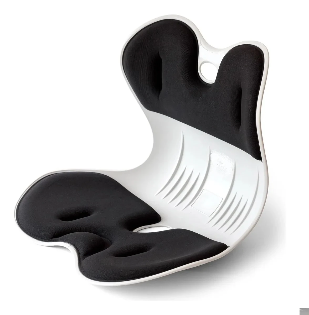 Espaldar corrector de postura para silla, diseño ergonómico negro y blanco.