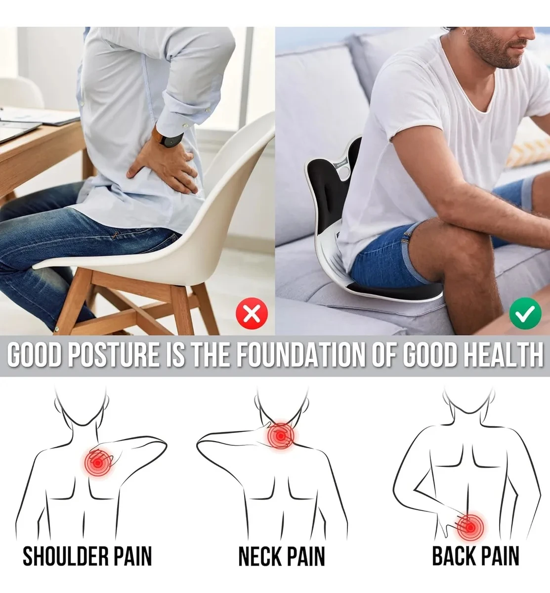 Espaldar corrector de postura para silla, alivia dolor de espalda, cuello y hombros.