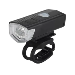 Linterna delantera LED negra para bicicleta con soporte de montaje universal.