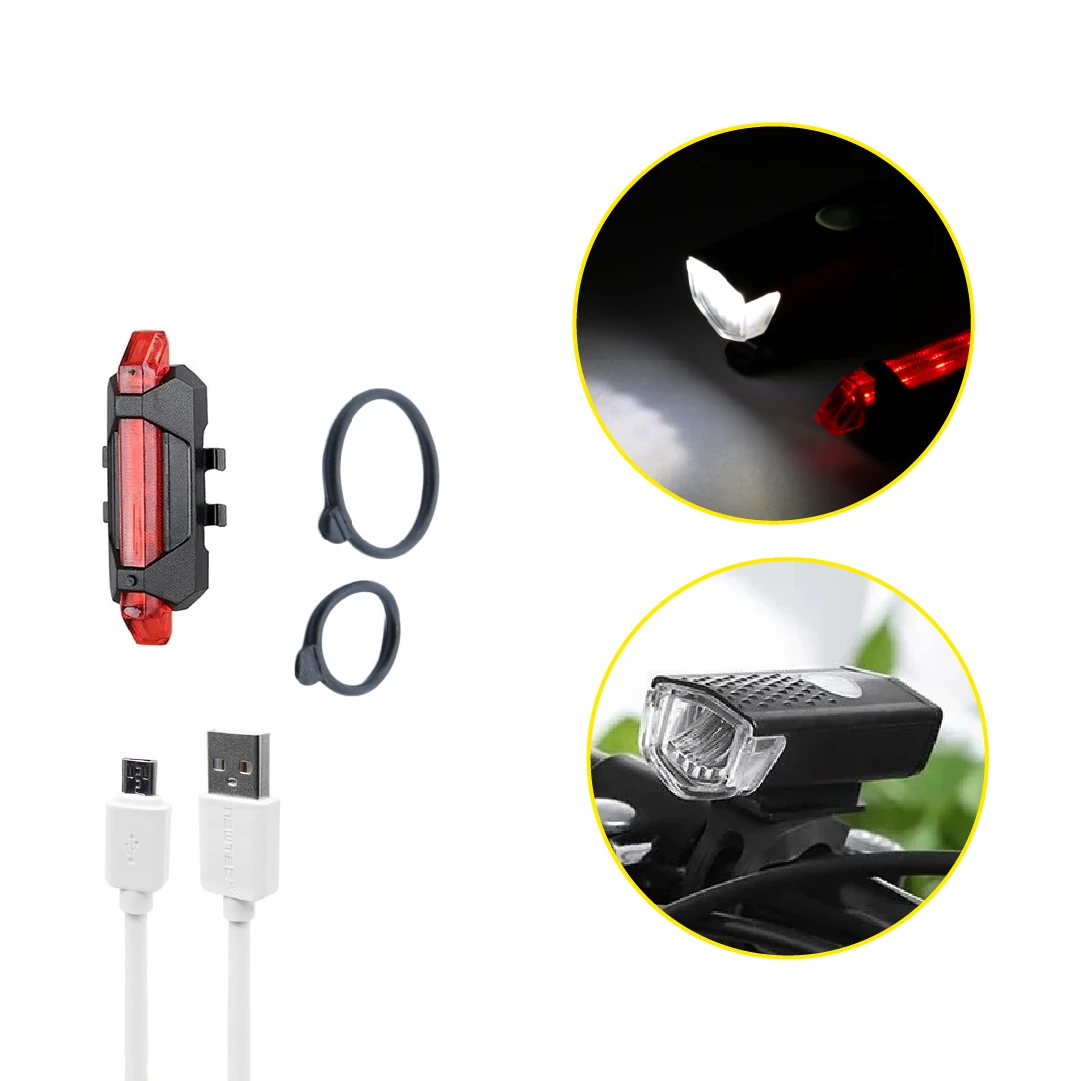Linterna frontal y trasera para bicicleta con cable USB, ideal para ciclismo nocturno.