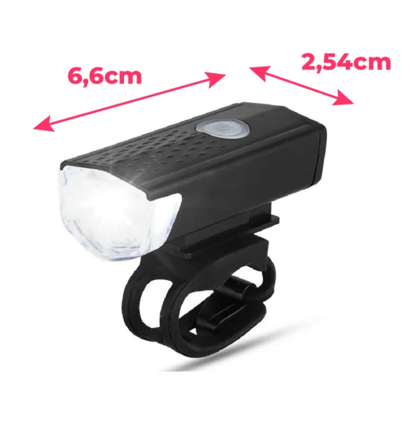 Linterna frontal negra para bicicleta con medidas 6,6cm x 2,54cm.