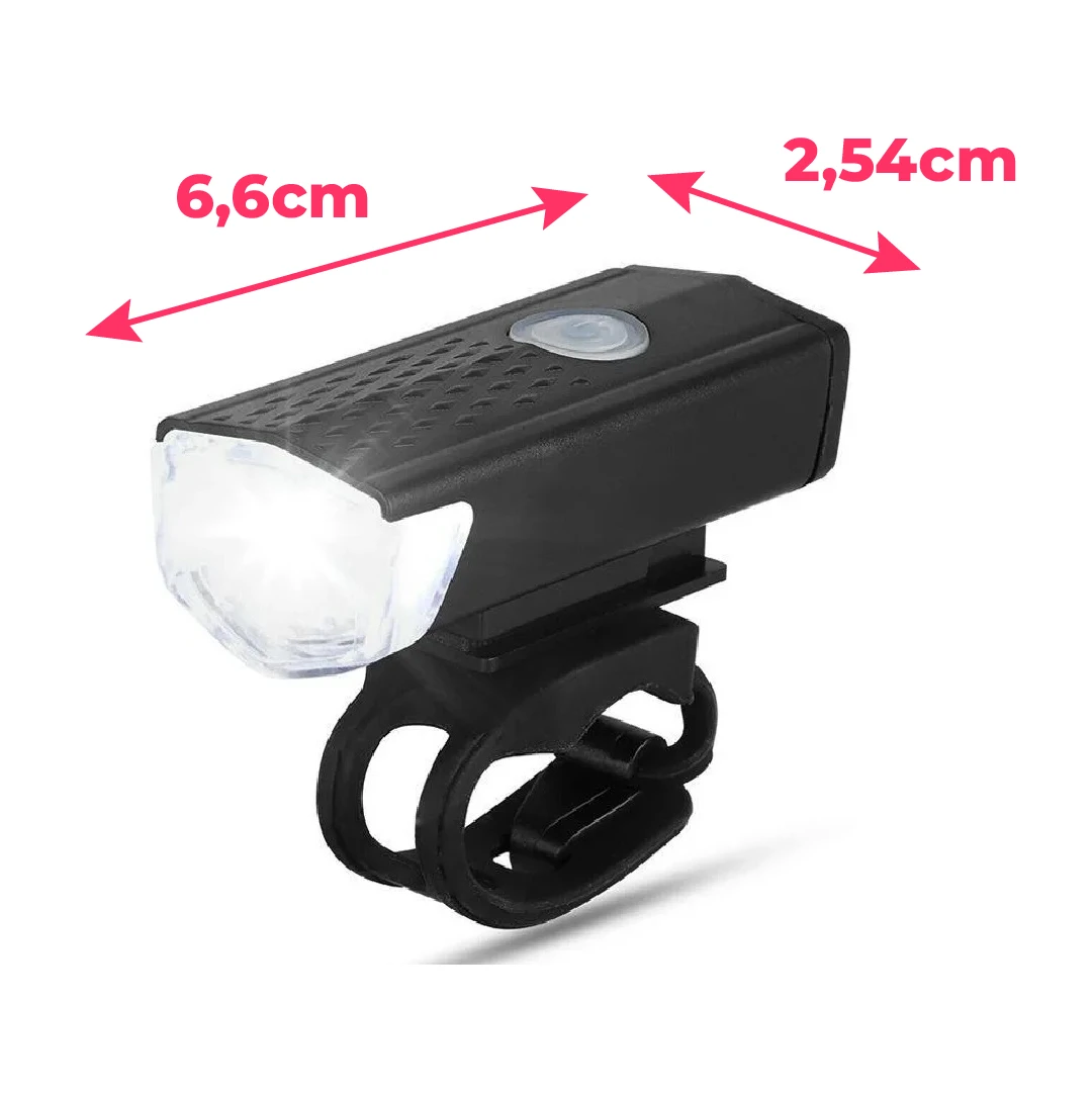 Linterna frontal negra para bicicleta con medidas 6,6cm x 2,54cm.